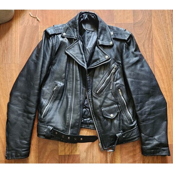 90s Real Leather Black Bike Motorcycle Lined Jacket Size 40"
